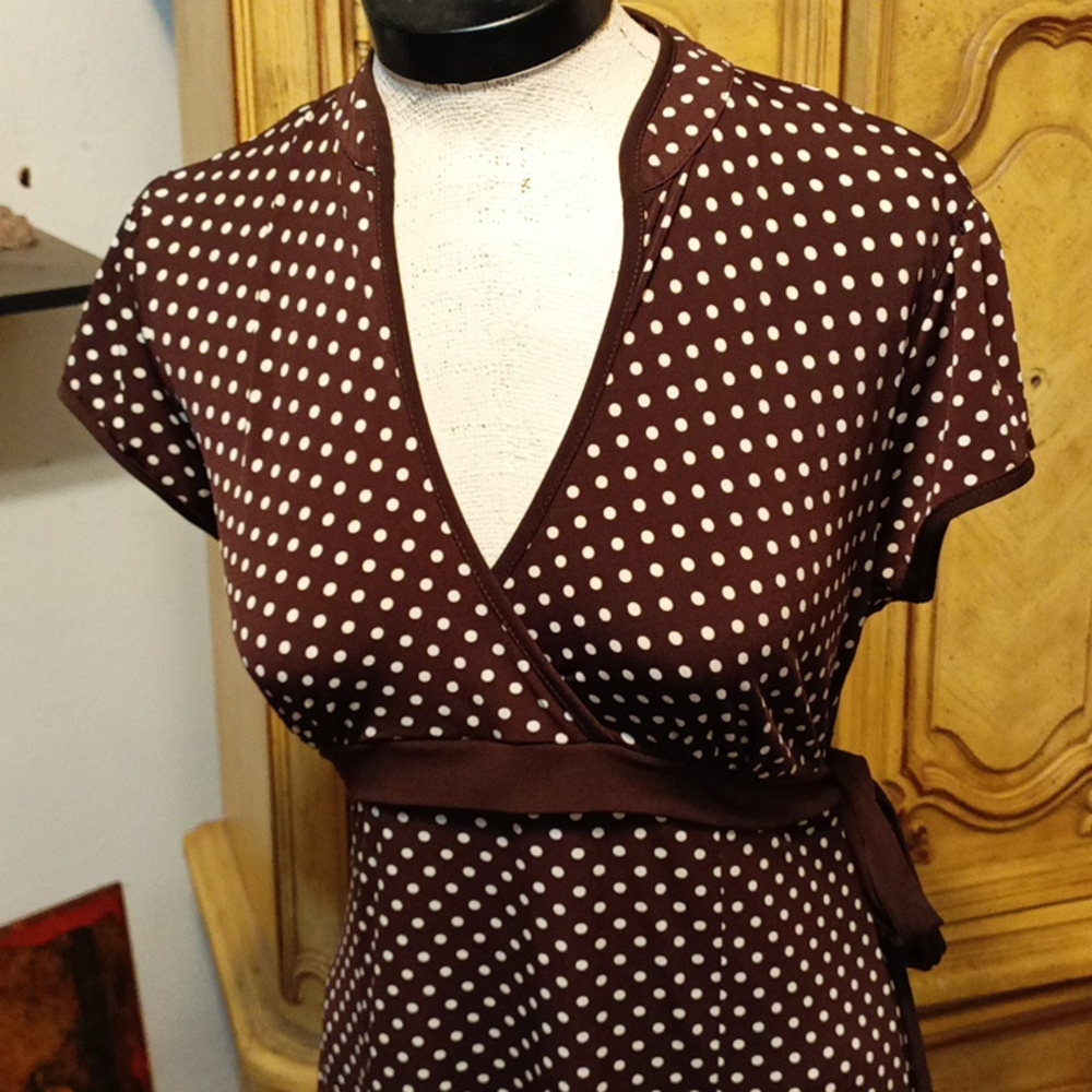 Womens Dress Sz XL Brown white pokeadot stretch Short Sleeve Knee Length b43